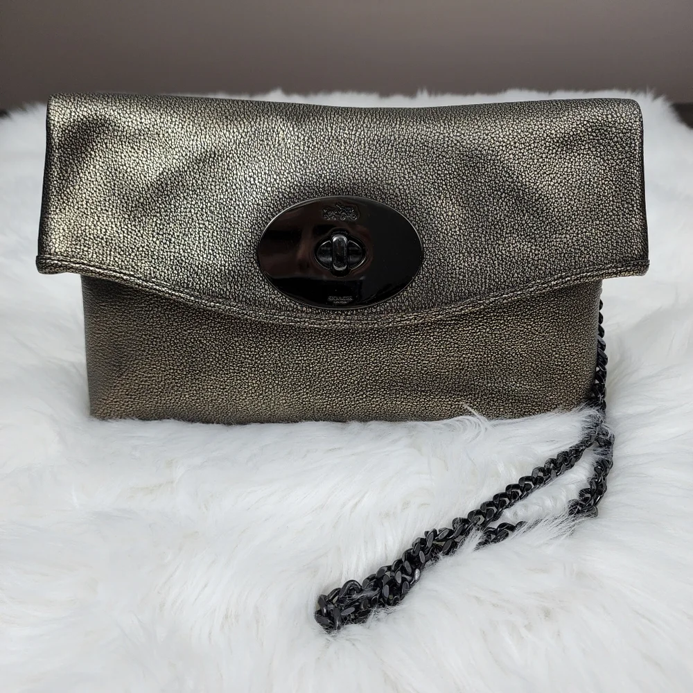 Coach Metallic Leather Turnlock Clutch Shoulder Bag - Picture 2 of 13